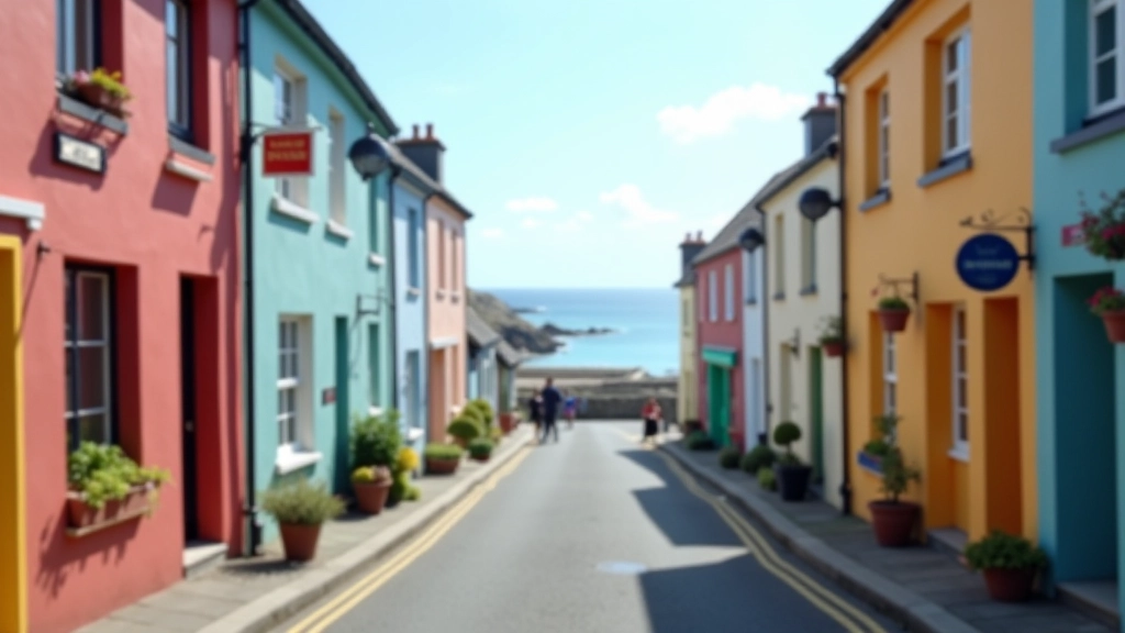 Scenic coastal village road with colorful buildings and ocean view in distance