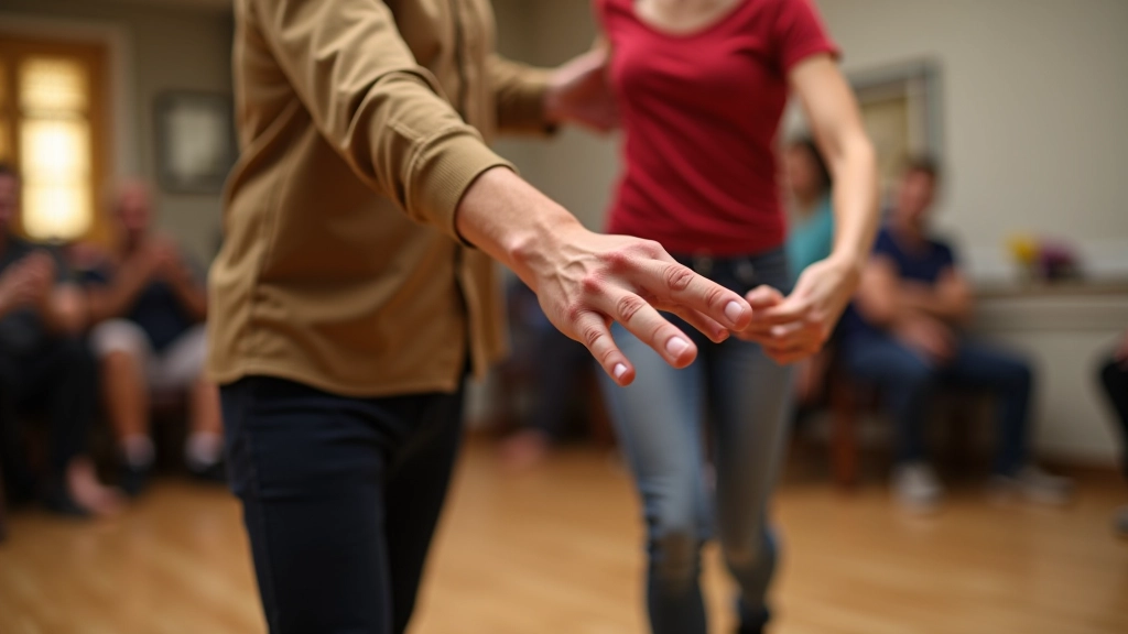 Beginner dancer learning salsa with instructor showing basic steps at Dublin social dance event