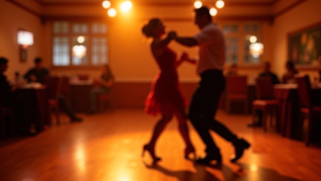 Vibrant Dublin dance studio interior with wooden dance floor, warm mood lighting, and couples dancing salsa