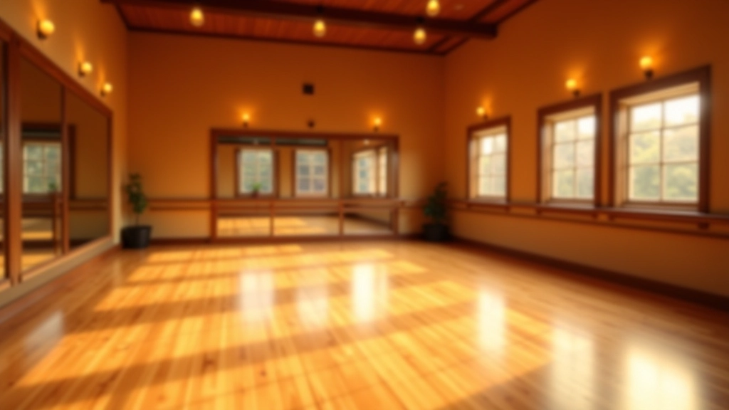 Dance studio in Wexford with wooden floors, mirrors on walls, and warm golden lighting creating an inviting atmosphere for bachata lessons