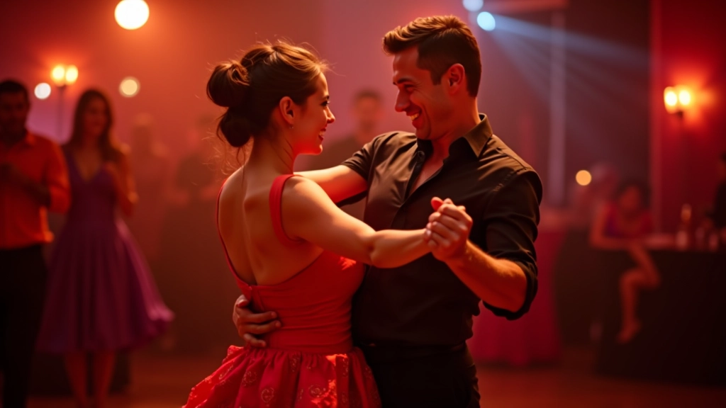 Group of mature dancers performing salsa at an indoor Dublin venue with warm atmospheric lighting and energetic movement