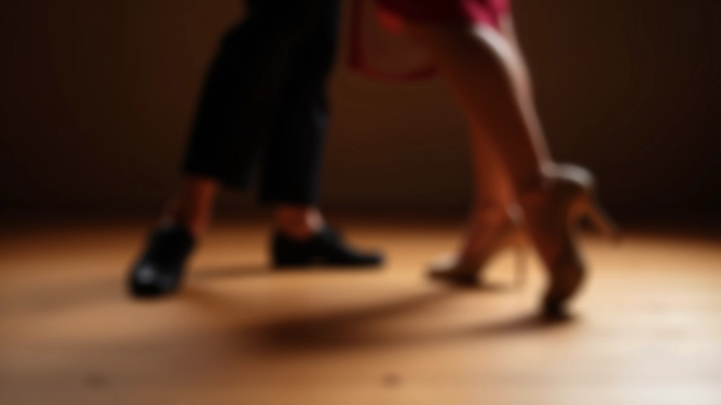 Close-up of dancers' feet in dance position, showing proper bachata stance and footwork technique on a wooden dance floor