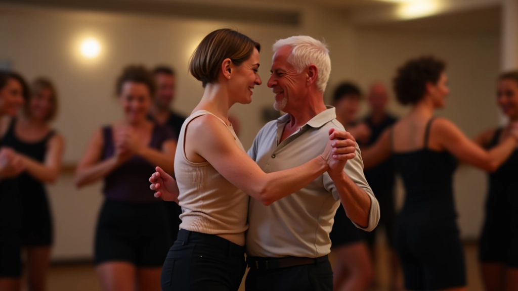 Group of mature adults dancing bachata together in a social setting, showing different skill levels enjoying the music and connection