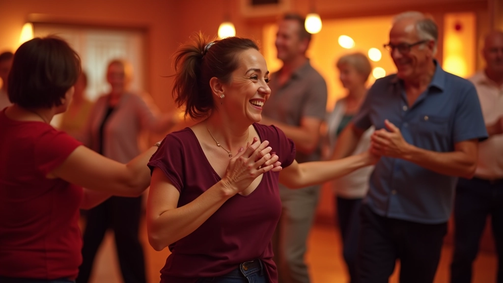 Mature adults enjoying salsa dancing in a vibrant studio environment