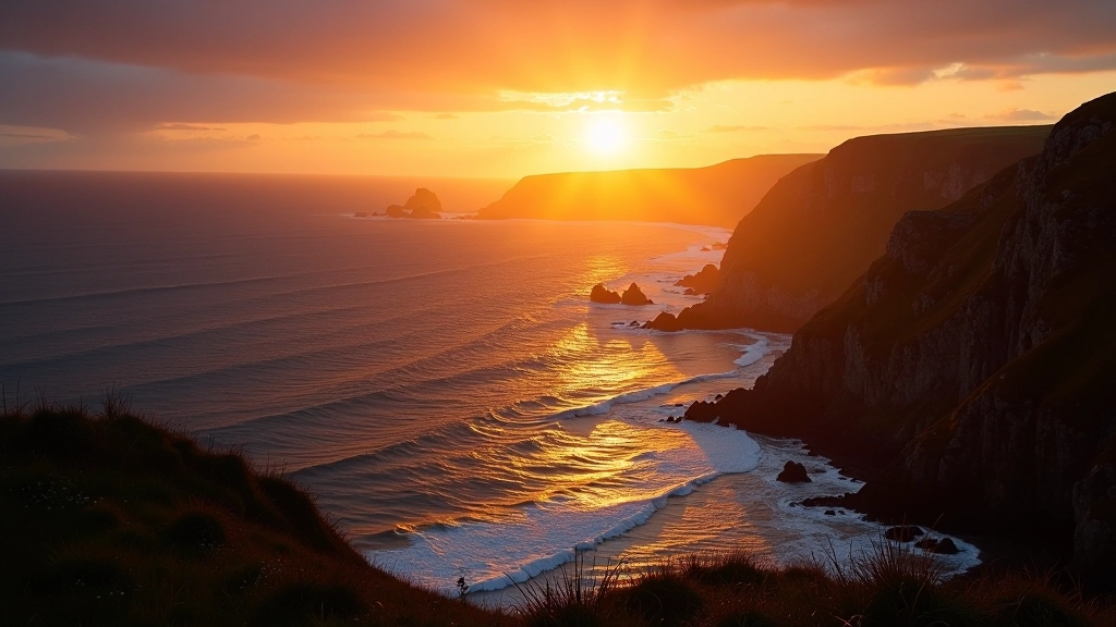 Sunset over Atlantic coastline with golden light on water and rocky cliffs