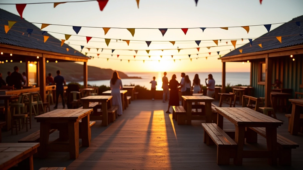 Colorful festival bunting and decorations strung across outdoor venue with tables and people gathering
