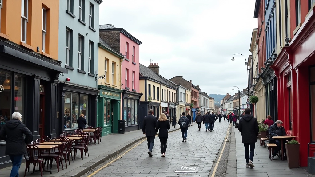 Charming Wexford town street with colorful storefronts, cozy cafes with outdoor seating, and pedestrians enjoying a weekend morning