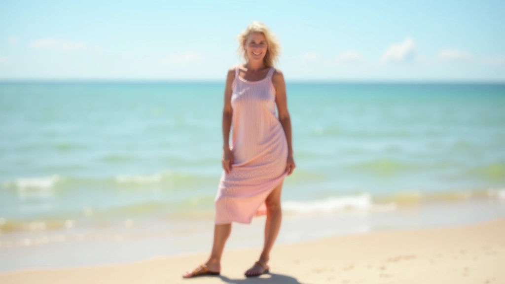 Woman in summer dress and comfortable dance shoes standing on sandy beach looking toward water